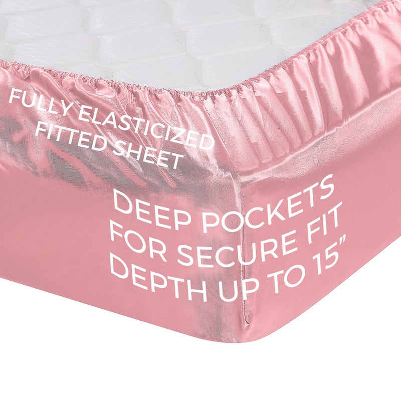 Pure Bedding Satin Sheets Full [4-Piece, Pink] Hotel Luxury Silky Bed Sheets - Extra Soft 1800 Microfiber Sheet Set, Wrinkle, Fade, Deep Pocket Fitted Sheet, Flat Sheet, Pillow Cases - Image 4